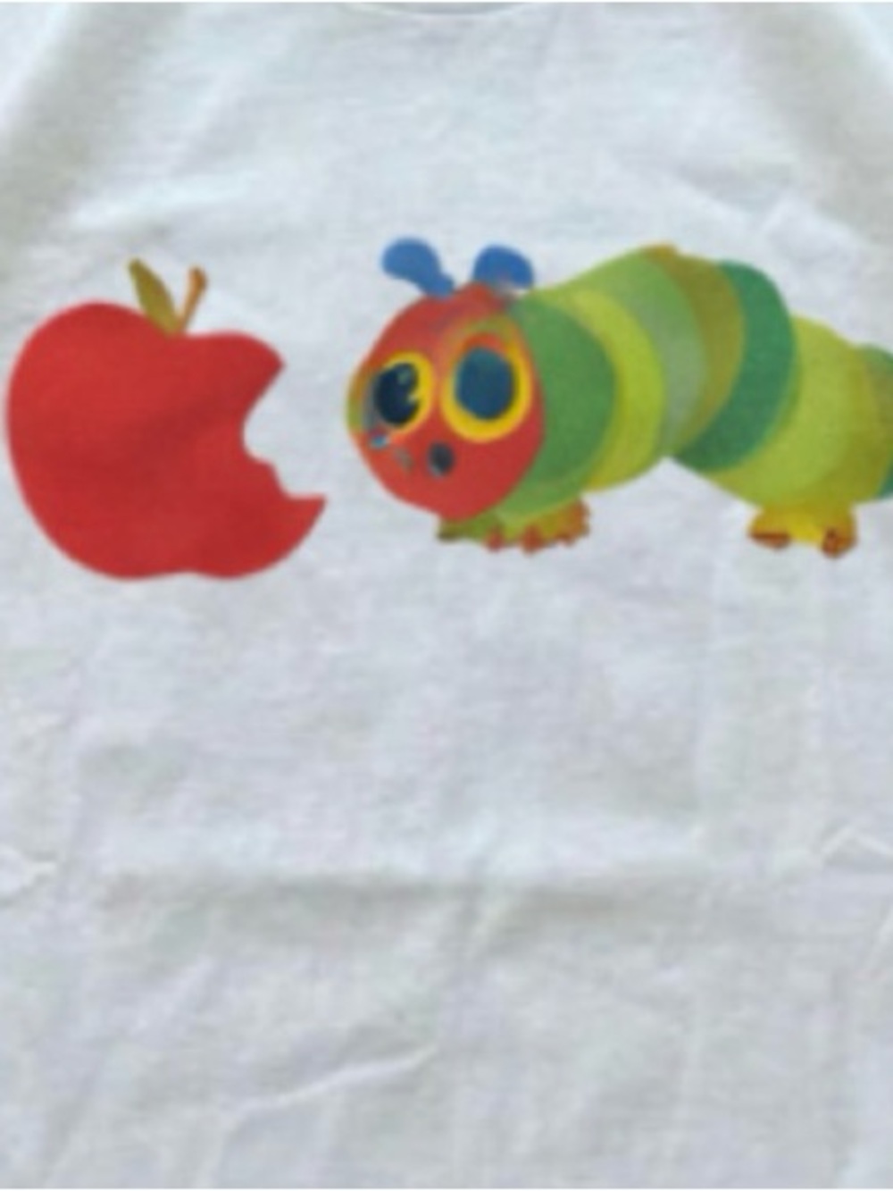 White Graphic Tee with Colorful Caterpillar and Red Apple - Picture 2 of 4